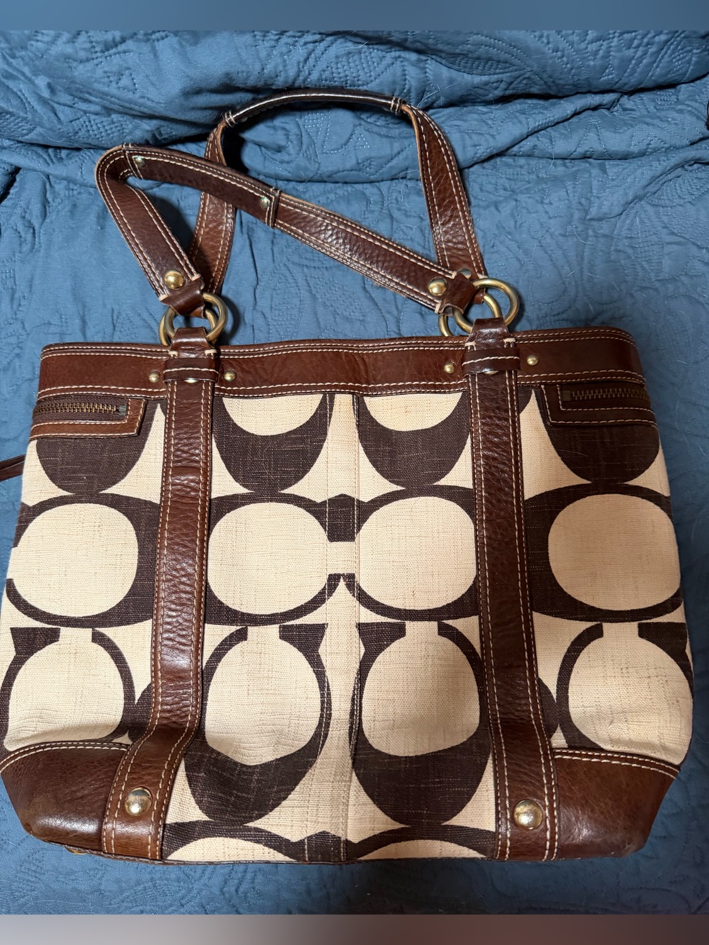 Coach Brown and Beige Signature Canvas Tote with Turn-Lock Front - Picture 2 of 9